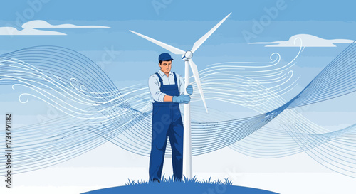 An Illustration Depicting an Engineer Next to a Wind Turbine and the Concept of Renewable Energy
