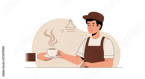 Barista Serving Steaming Coffee From Hand To Customer Concept Illustrated In Modern Style