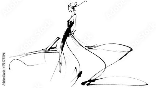 Fashion illustration of a woman in an elegant flowing dress showing off a racing car on a transparent background