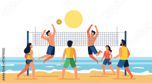 Beach volleyball game illustration featuring people playing and having fun together volleyball court
