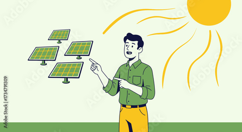 An illustration of a man explaining the functionality of solar panels and the sun