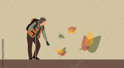 An illustration of a hiker walking in autumn, leaves falling, vector design
