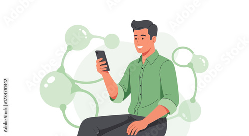 An illustration of a man holding a smartphone with a modern and scientific background without any detail