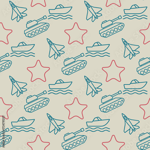 A pattern of military vehicles and stars is drawn in red, white, and blue. The design is a playful take on the idea of war and peace