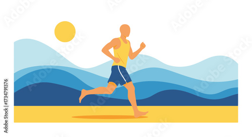 An illustration of a man running on the beach during a sunny day to stay healthy
