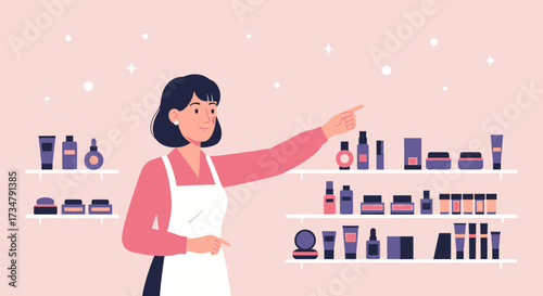 Beauty Advisor Introducing Cosmetics Products Displayed On Shelves For Customers
