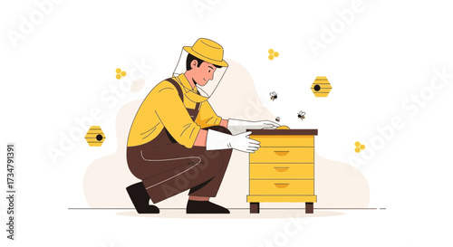 Beekeeper tending the beehive, vector illustration of apiculture working with bees