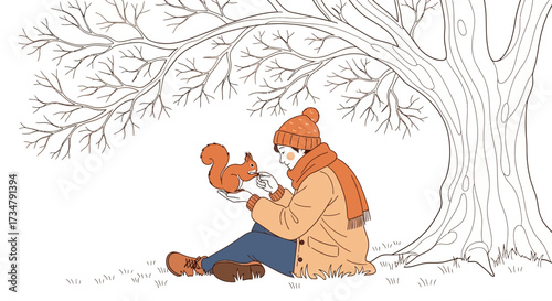 An illustration of a person feeding a squirrel in the winter under a tree