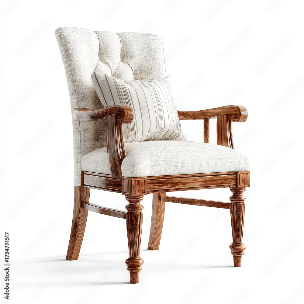 Fototapeta premium Elegant Upholstered Armchair with Wooden Frame and Striped Cushion on White
