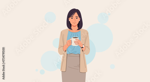 An illustration of a woman holding a cup of coffee, casual outfit, vector