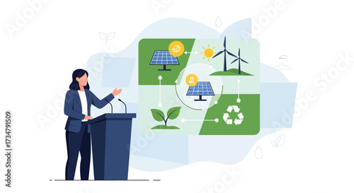 An Illustration of a Woman Giving a Presentation on Renewable Energy Sources