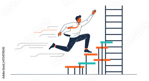 Bold Businessman Ascending Stairs Towards Success, Reaching For New Heights, And Goals Achieved