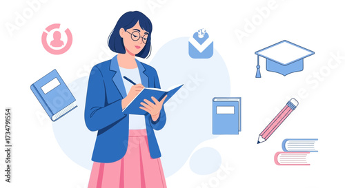 An illustration of a woman writing in a notebook with school-related icons around