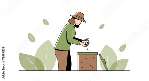 Botanist Harvesting Seeds Within A Compost Bin For New Growth And Regeneration