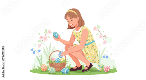 An illustration of an Easter egg hunt, a young girl collecting decorated eggs outdoors