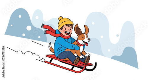 Boy and dog sledding in winter landscape illustration enjoying cold season fun