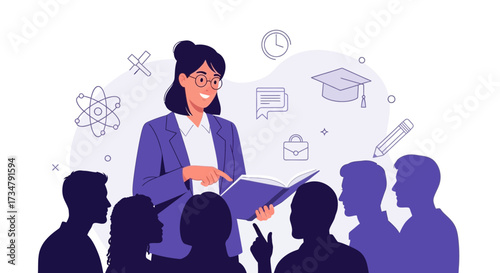 An illustration of educator teaching in front of a group of students in the classroom