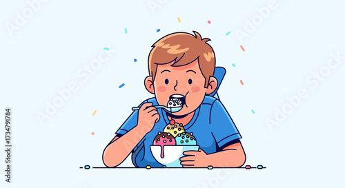 Boy Enjoying Colorful Ice cream Illustration, Fun and Joyful Moments of Summer