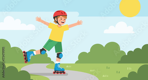 Boy enjoying rollerblading in sunny park with a smile and arms wide open