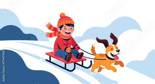 Boy enjoying winter sledding with his dog happily in a snowy outdoor winter scene