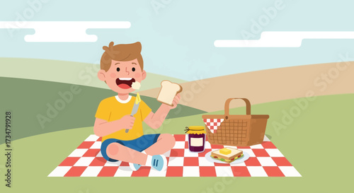 Boy Enjoys Picnic Lunch Outdoors, Spreading Butter On Bread, Happy and Ready to Eat