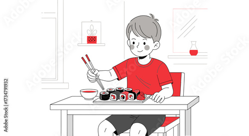 Boy Enjoying Sushi Meal At Home With Chopsticks, Illustration of Japanese Cuisine