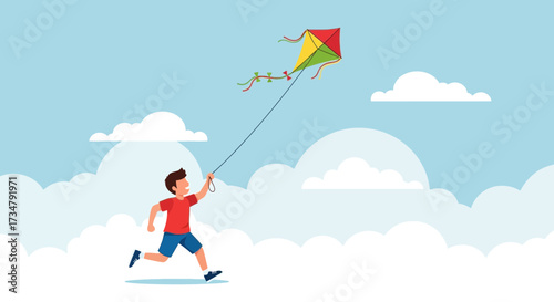 Boy flying a colorful kite on a bright and sunny day under the blue sky without any problem