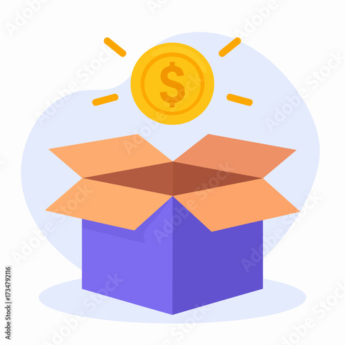 Golden Opportunity Unveiled A Radiant Dollar Coin Rises from an Open Box, Symbolizing Unexpected Financial Rewards, Investment Success, and Wealth Creation