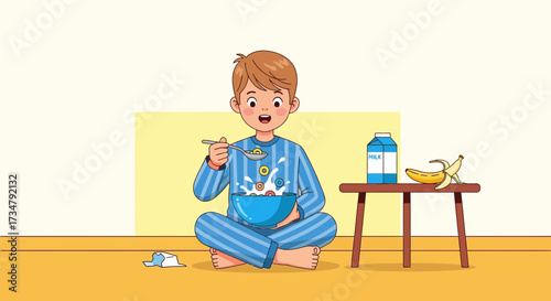 Boy in Pajamas Enjoying Cereal Breakfast with Milk and Banana Cartoon Illustration