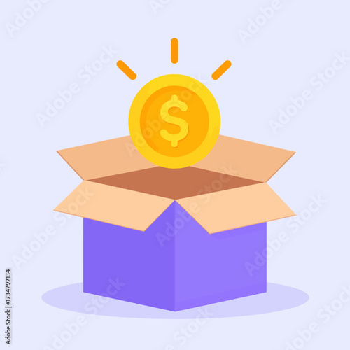 Vector illustration of a donation box with a shiny gold dollar coin emerging, representing charity, fundraising, and financial contribution