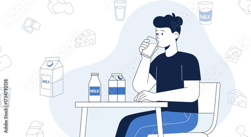 Animated Illustration of A Man Drinking Milk with Various Dairy Products Around