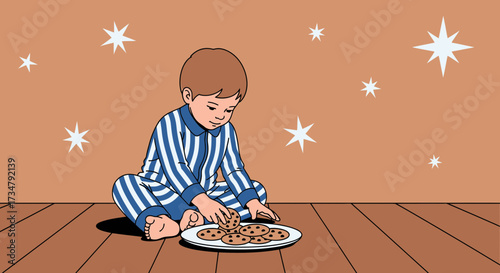 Boy In Pajamas Preparing To Enjoy Delicious Cookies Under A Starry Sky