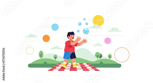 Boy Joyfully Playing With Bubbles Outdoors In Happy Summer