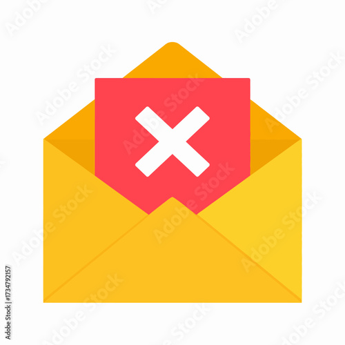 Conceptual illustration of a rejected email or communication failure, featuring an open yellow envelope with a prominent red cross symbol signifying an error or cancellation
