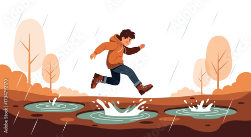 Boy leaping over puddles in the rain with joy and fun flat vector illustration