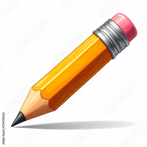 Detailed illustration of a classic sharpened yellow graphite pencil with a pink eraser, ideal for school, office, and creative design concepts