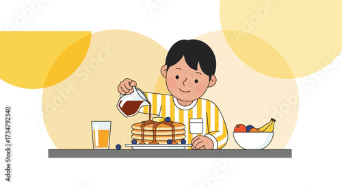 Boy Pouring Syrup On Pancakes, Delightful Breakfast Image With Fruit and Juice