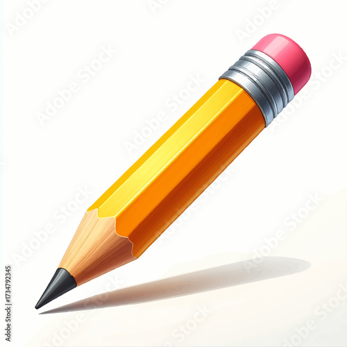 Detailed 3D illustration of a single yellow graphite pencil with a pink rubber eraser, isolated on a white background with a soft shadow