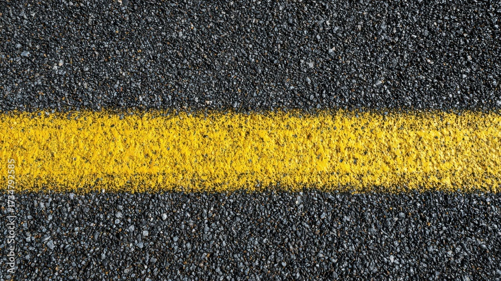 Fototapeta premium A vibrant yellow road line runs across a gritty asphalt surface. The contrast highlights the texture and details of the road, suggesting careful maintenance and use of the infrastructure.