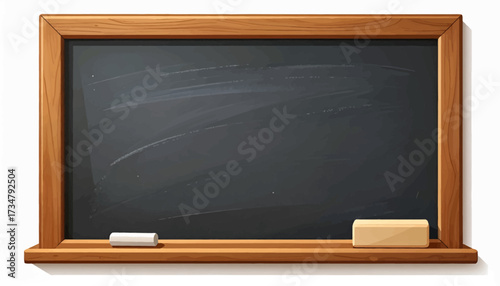 A realistic empty black chalkboard with a traditional wooden frame, complete with a duster and chalk on the ledge, ready for educational concepts