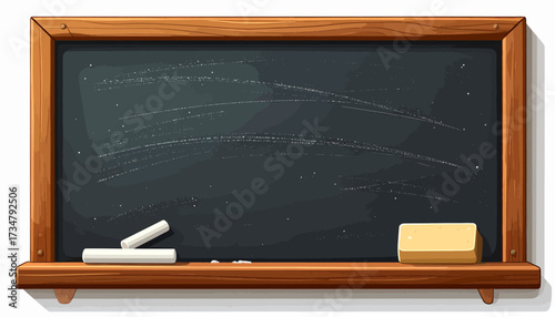 A detailed illustration of a traditional empty school chalkboard with a wooden frame, chalk, and duster, symbolizing education and a blank slate for new ideas