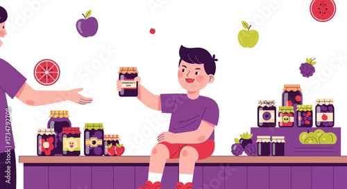 Bright Graphic Depiction Of Boy Showing Cranberry Jam To A Person And Fruit Display