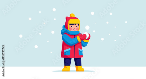 Bright Illustration of a Child in Winter Clothing Playing with Snowballs in a Winter Scene