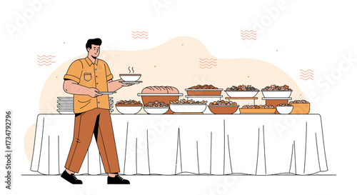 Buffet Presentation: A Friendly Attendant Offers Various Culinary Delights to Guests, Ready