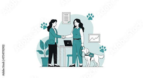 Business agreement with a service dog, handshake, and professional collaboration.