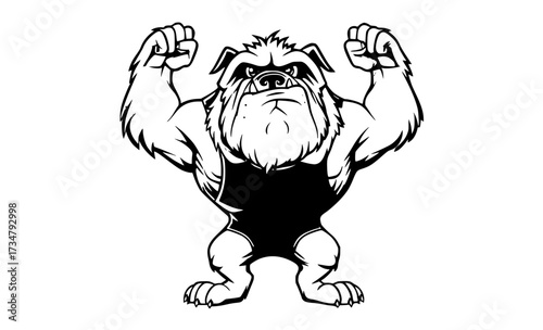 a muscular bulldog character in a black and white sports outfit, raising his arms in a fighting stanceape, bodybuilder, bulldog, claw, goggles, illustration, lift, muscle 