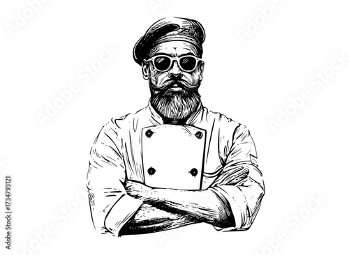 a stylish chef with a long beard and sunglasses, crossed armsapron, arm, baker, beard, beret, chef, cook, cross, drawing, gasmask, goggles, headscarf, illustration, man, portrait, sunglasses, wear 