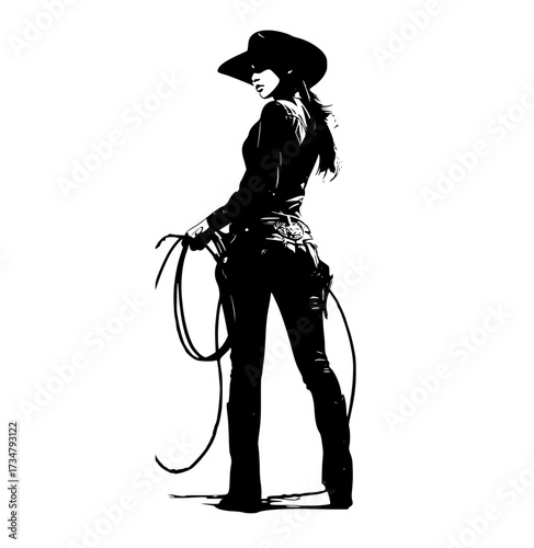 a silhouette of a woman in a cowboy outfit holding a lassoblack, catch, cowboy, cowboy boot, cowboy hat, girl, gun, hat, hook, hose, lasso, profile, rope, stand, sun hat, wear, woman 