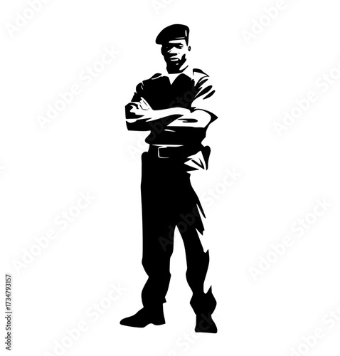 a black and white silhouette of a police officer standing with crossed armsarm, beret, black, cross, hand, man, pose, profile, stand, uniform 
