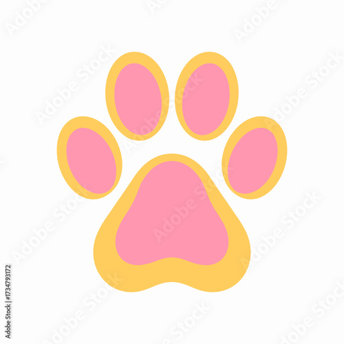 Charming and sweet pet paw print icon in soft pink and yellow, a cute symbol of an animal friend isolated on a white background